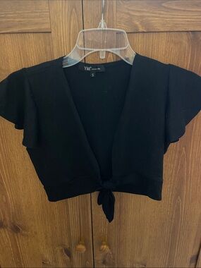 YMI Black Tie-Front Flutter Sleeve Crop Top